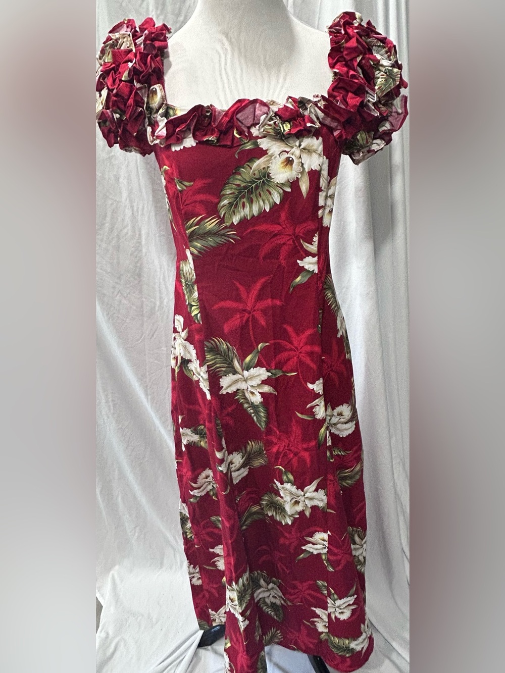VTG KY’s Hawaii Tropical Red Floral Ruffle Short Sleeve Maxi Dress Large USA